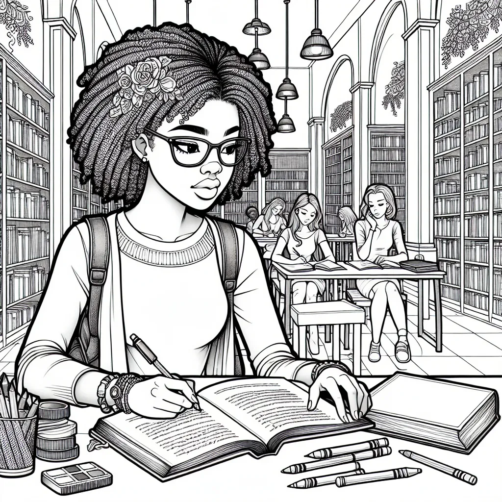 Prompt: "Create an image of a focused 16-year-old African American girl studying in the library. She should be depicted sitting at a table or desk, surrounded by books, notebooks, and school supplies. Include details like bookshelves filled with books, quiet reading areas, and other students studying nearby. Show her with a determined and studious expression, perhaps wearing glasses and taking notes. The scene should convey a sense of concentration and dedication to her studies. Ensure the drawing has clear lines and ample spaces for coloring. This illustration is intended for a preteen's coloring book, so the details should be engaging yet simple enough for children to enjoy coloring."