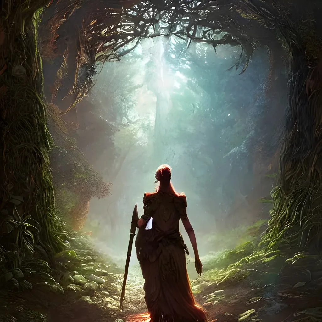 Prompt: Warrior walking towards beautiful fantasy glowing portal archway of the ancient forest gods in the magical forest, hyperdetailed, path, art nouveau architecture, mystical, picturesque, cinematic lighting, dappled sunshine, concept art, digital art, In the style of greg rutkowski, detailed, intricate detail, hyper-realistic