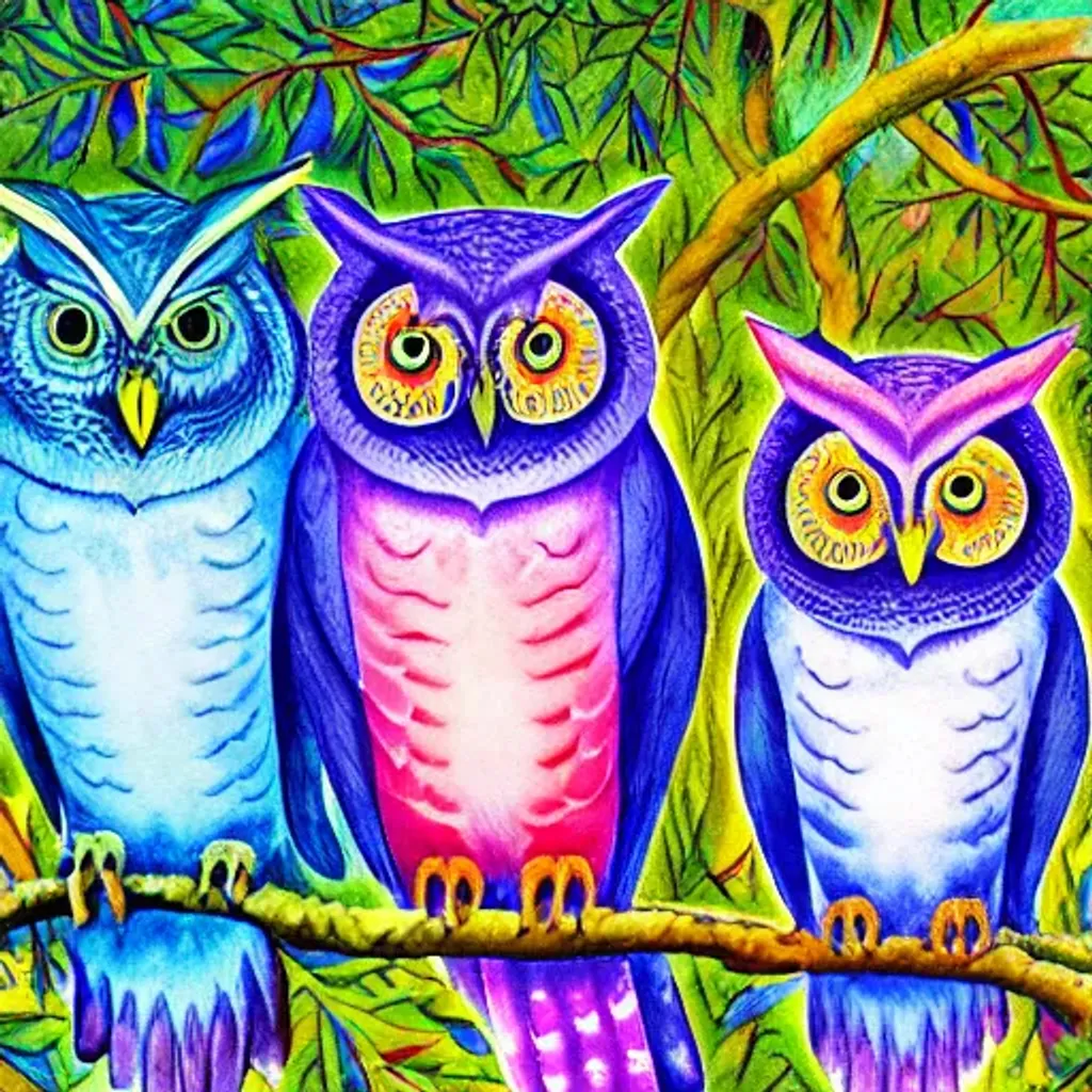 Prompt: Owls in a tree, neon colors , watercolor, by alex grey and Albrecht Dürer and John James Audubon, 8k ultra realistic