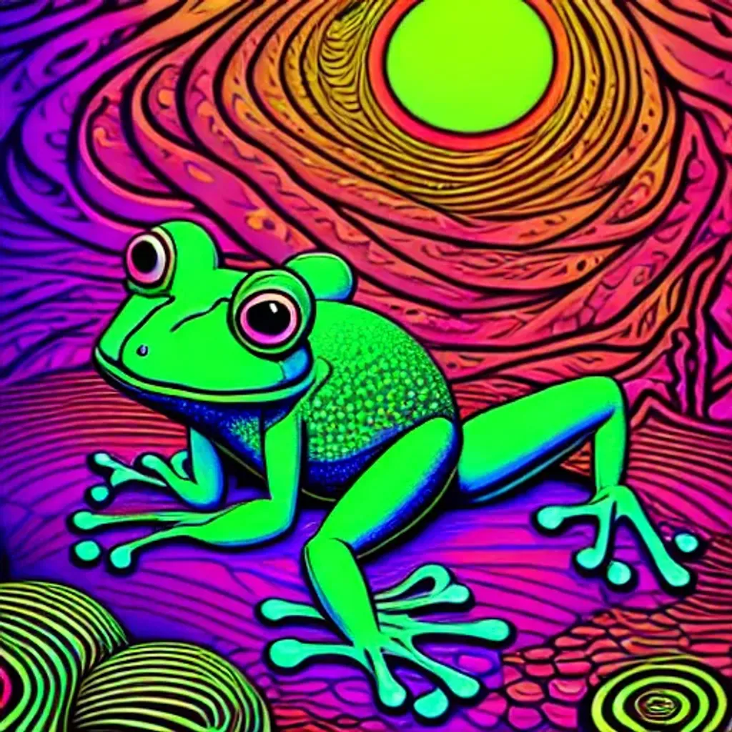 Prompt: Hypnotic illustration of a frog, hypnotic psychedelic art by Dan Mumford, pop surrealism, dark glow neon paint, mystical, Behance