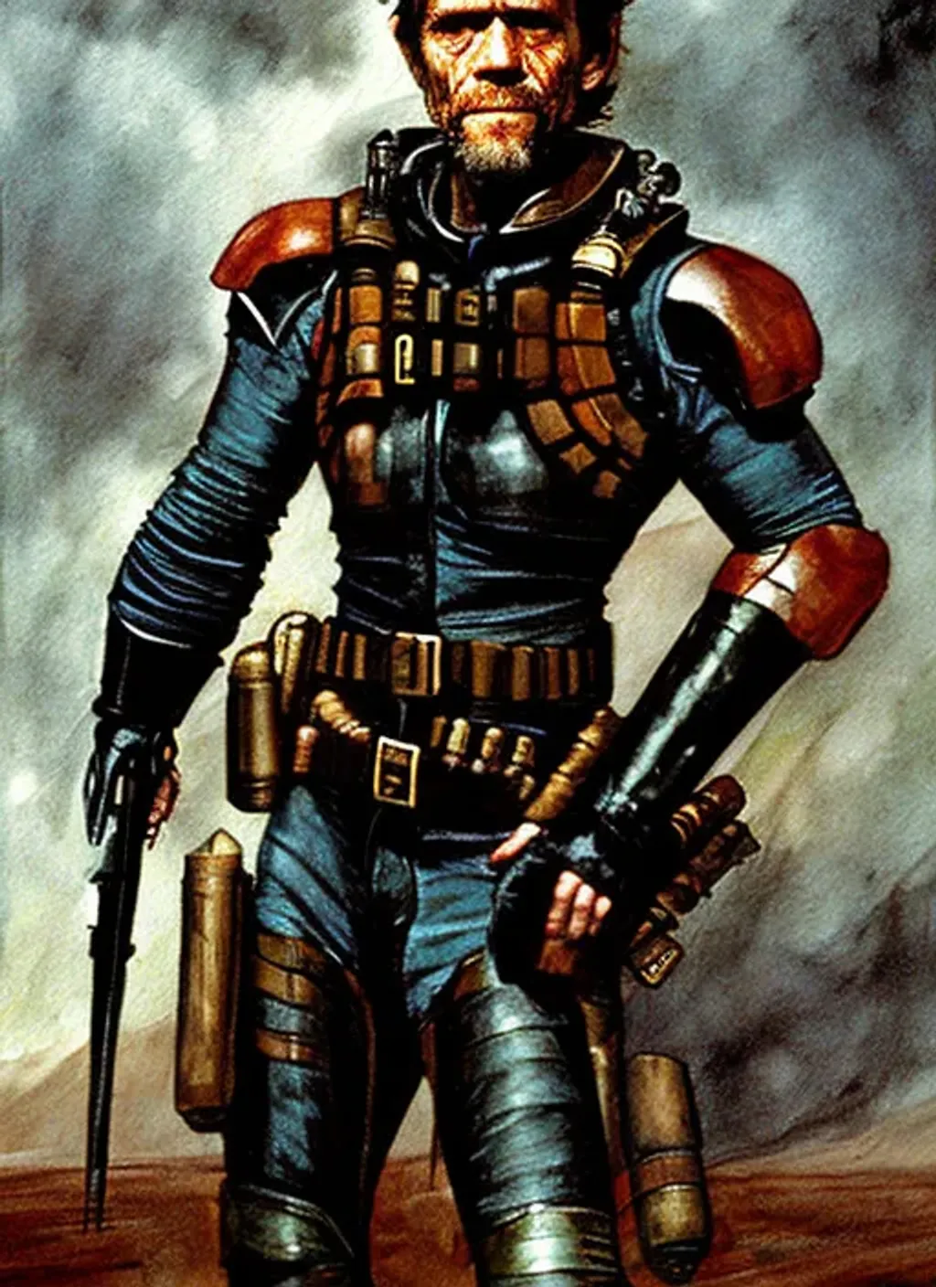 Prompt: Willem Dafoe as a bounty hunter, sci-fi inspired armour by Dave Dorman