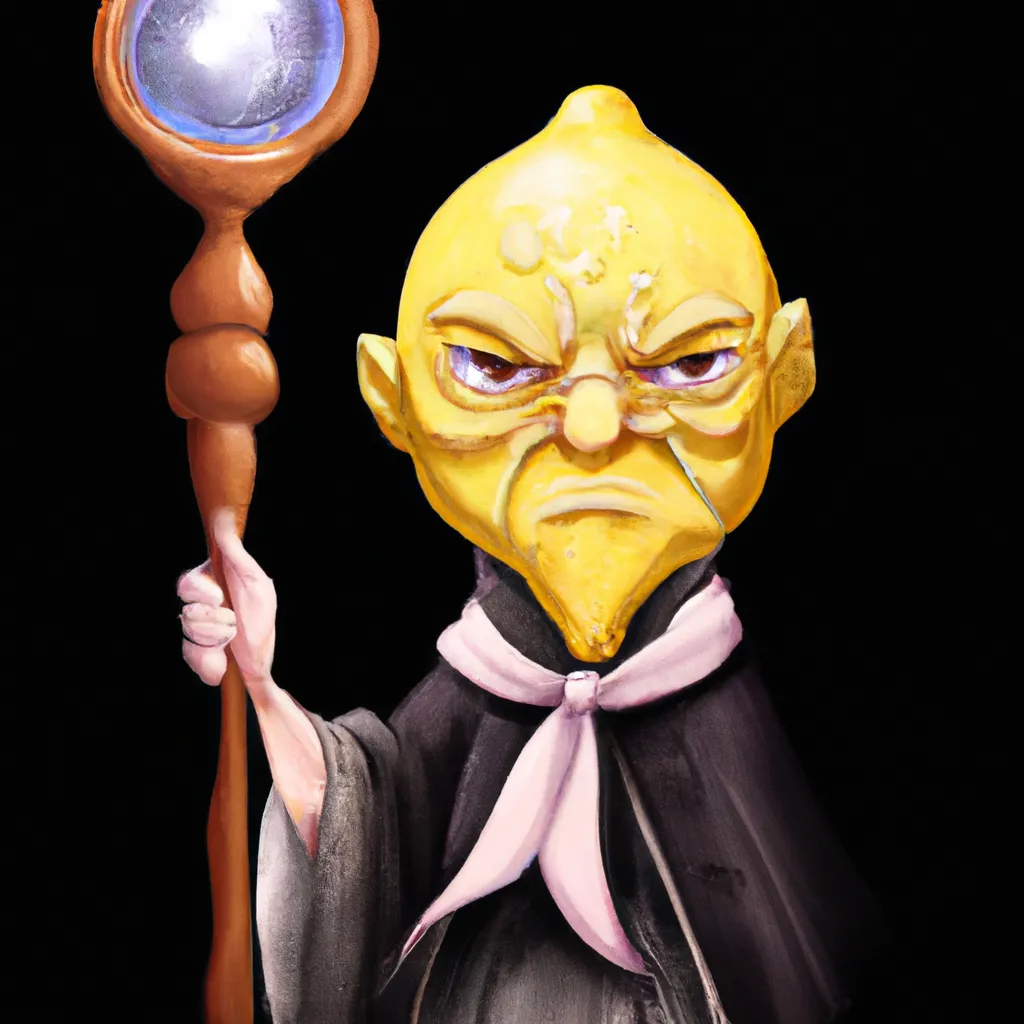 Prompt: an ultra detailed digital art of a yellow lemon character wearing a black robe and holding a magical cane + accurate facial features