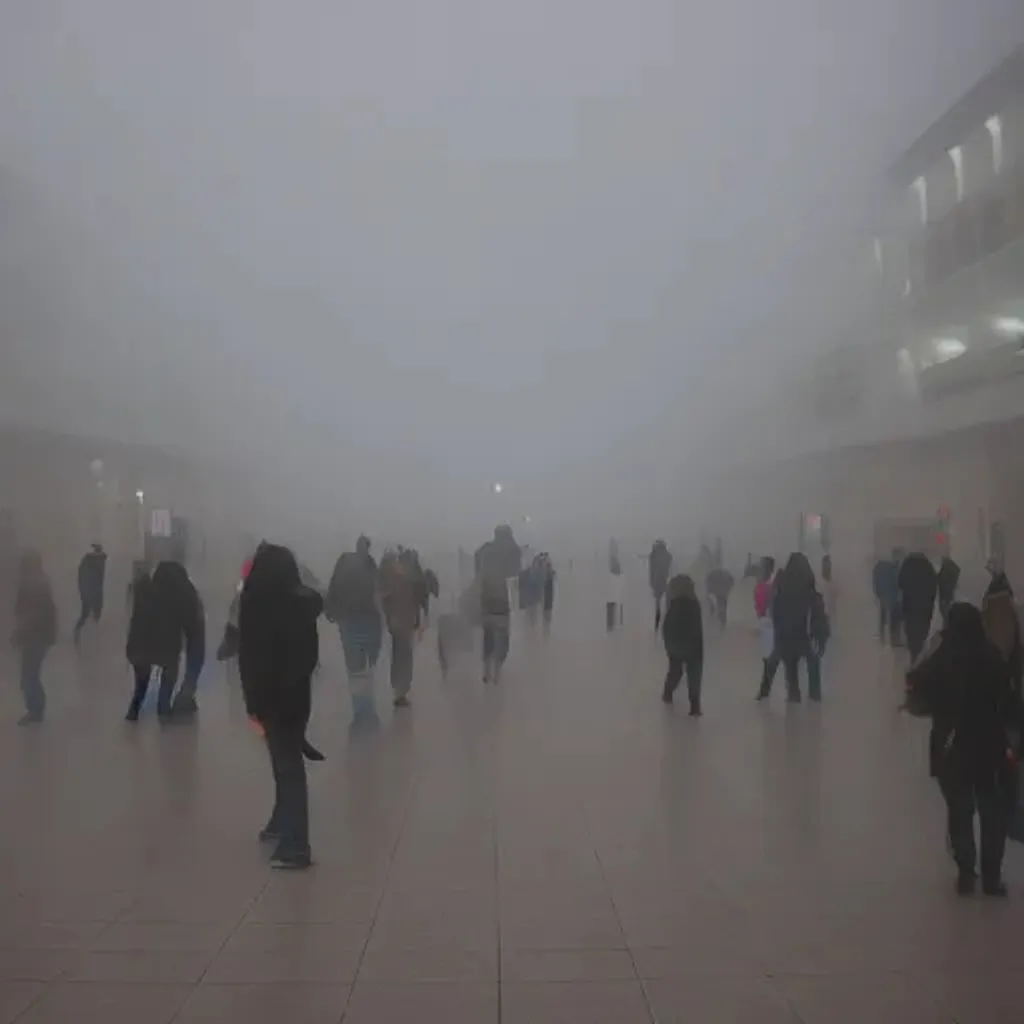 Prompt: liminal space mall with people in the fog