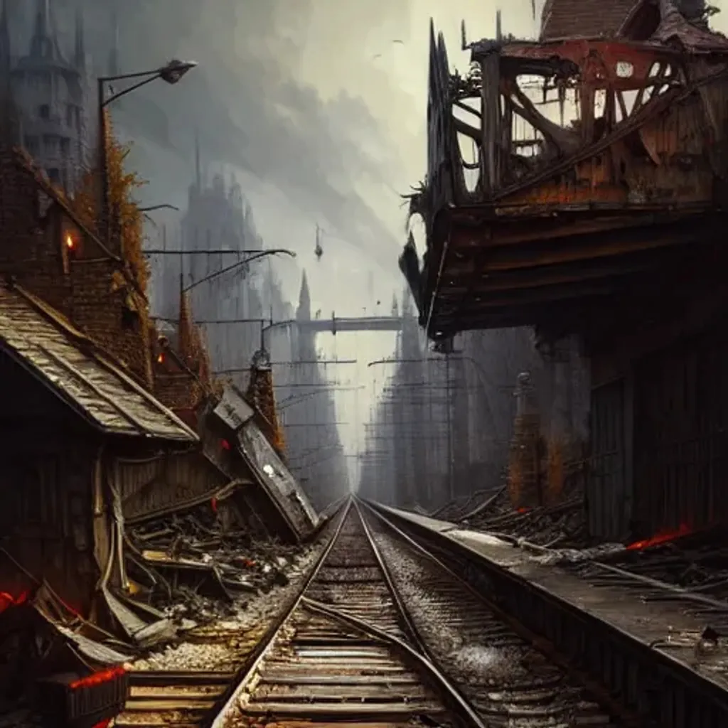 Prompt: Hyperrealistic fantasy train on a destroyed rails in a medival city,fantasy, highly detailed, digital painting, trending artstation, concept art, illustration, art by Greg Rutkowski, octane render