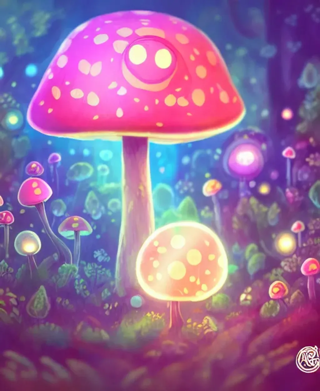 Prompt: a cute kawaii mushroom creature, large adorable anime eyes, concept character art, bokeh effect, magical lighting, weed, lsd, beautiful glowing lights, bio-luminescence, sci - fi, stunning, intricate. highly detailed, digital painting, 32k poster art, trending on artstation. smooth. sharp focus. professional award-winning illustration by pixar, artgerm and greg rutkowski and alphonse mucha