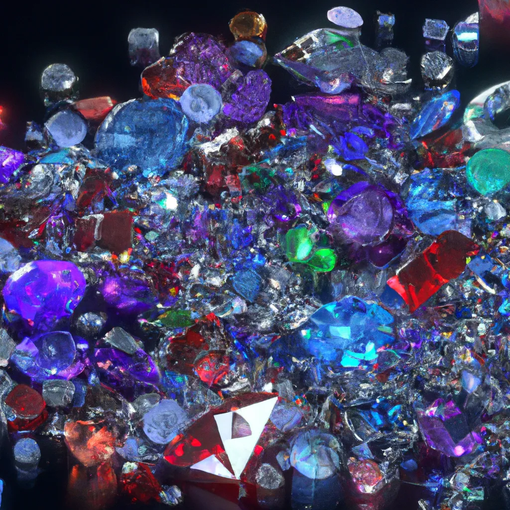 Prompt: A photograph of hundreds of glistening diamonds, sapphires and rubies strewn on a glossy black floor, realistic shadows, caustics, specular highlights, created in Cinema 4D, photorealistic, high contract, highly detailed, ambient occlusion, ray-tracing, volumetric light, architectural model, subsurface scattering, trending on Artstation, octane render, studio photograph, three-point lighting