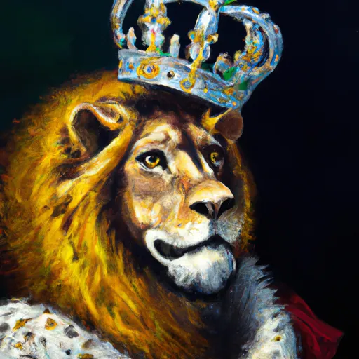 Prompt: An oil painting portrait of a lion wearing medieval royal robes and an ornate crown on a dark background