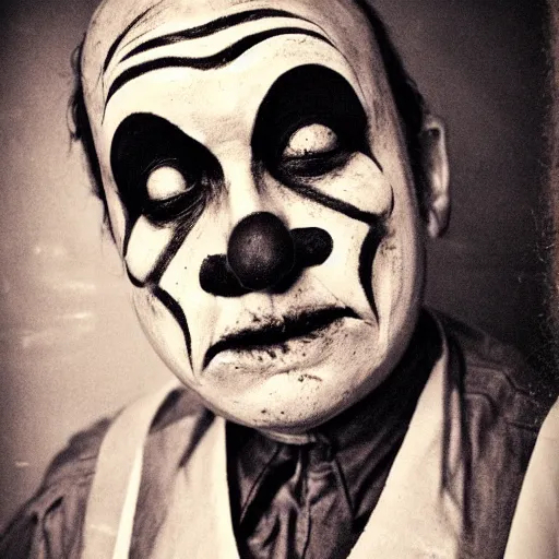 Sepia old photo of clown with death face make-up, sl... | OpenArt