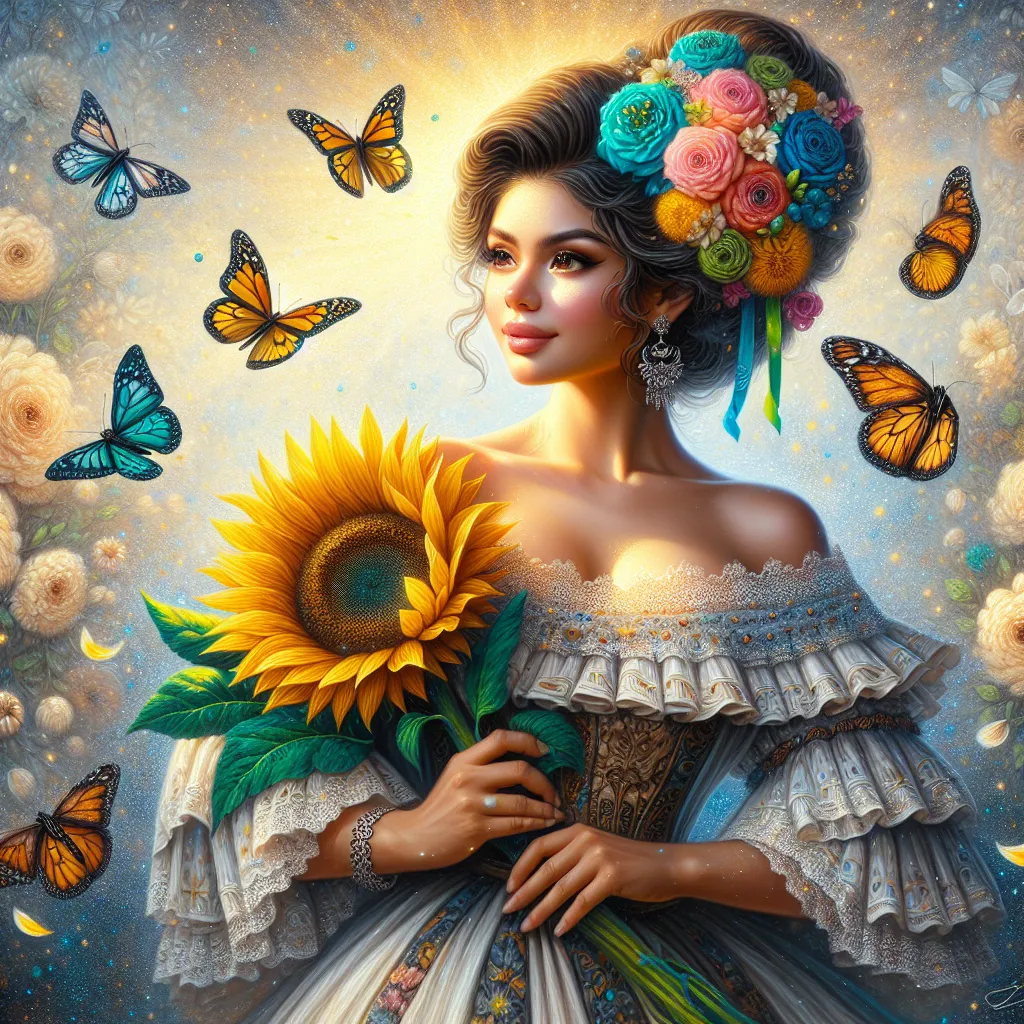 Prompt: (woman in a dress holding a sunflower), (butterflies flying around her head), (butterfly in her hair), (fantasy art), enchanting atmosphere, vivid colors, magical ambiance, (detailed painting), ethereal glow, whimsical style, inspired by Anne Stokes, (4K), trending on ArtStation, dreamlike background with soft floral elements, evoking feelings of joy and wonder.