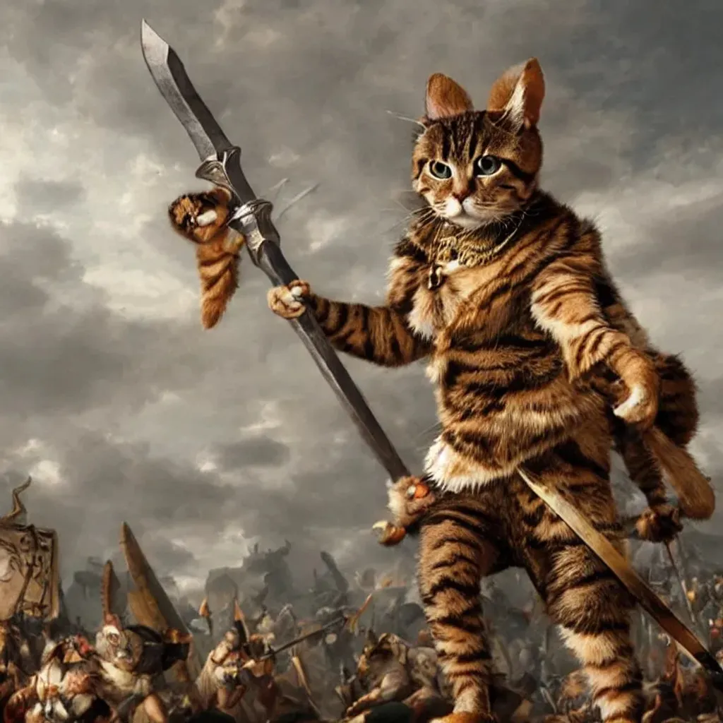 Prompt: high detailed, hyper realistic, cat dressed as a barbarian, standing on a hill, holding a sword, an army in the background