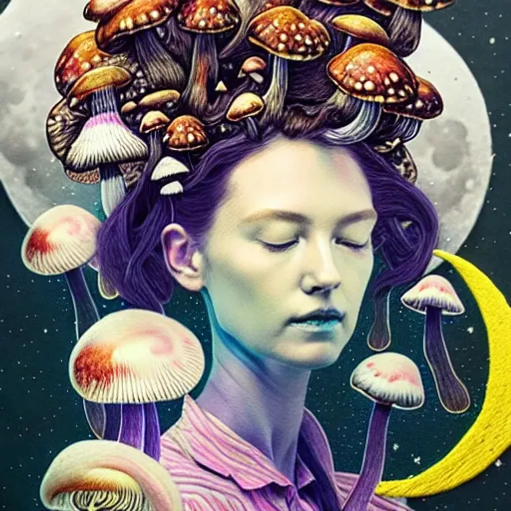 Prompt: Embroidered portrait by Ryan Hewett, Beautiful woman with mushrooms growing out of her hair, hq, fungi, celestial, portrait, moon, galaxy, moon, stars, victo ngai 