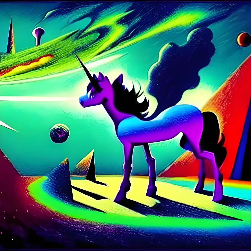 Prompt: My little pony!

Impressive cubism Oil painting matte painting in the style of Dave McKean, Juan Gris, zdzisław beksiński, Tim Burton, Greg Rutkowski, Sho Murase, Dan Mumford. 

Inspired by outer space. 

Futuristic, epic, legendary,  cosmic, glowing, neon, cyberpunk, glitter, flashing, storms, milkyway, supernova, astronaut, space, galaxy, interstellar, universe, space, alien,  UFO, black hole, planets, holographic, astral, cinematic stunning intricate, mathematical, detailed, dramatic, atmospheric maximalist.