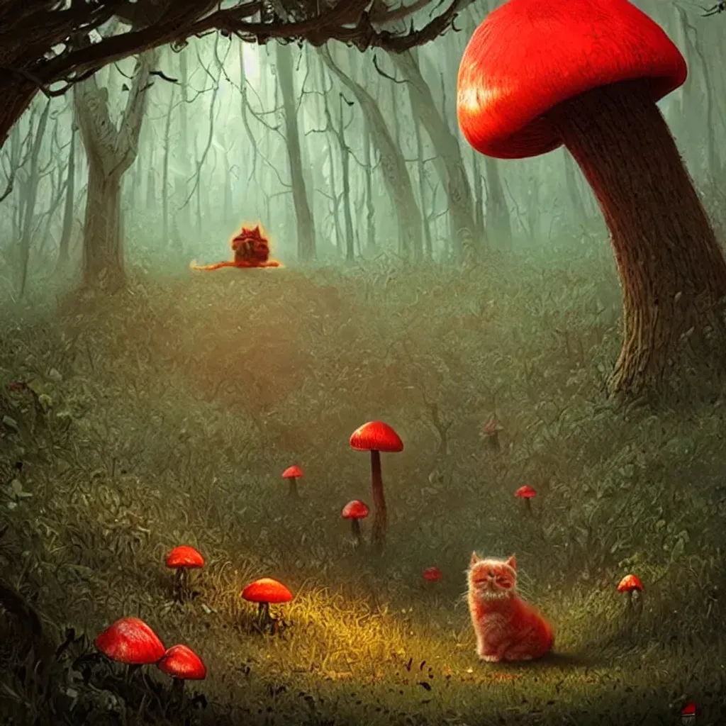 Prompt: a persian cat,  a persian kitten,  in a mushroom forest, red horror, hell digital art, illustrated by greg rutkowski , style of Moebius, rajmund kanelba, cgsociety contest winner