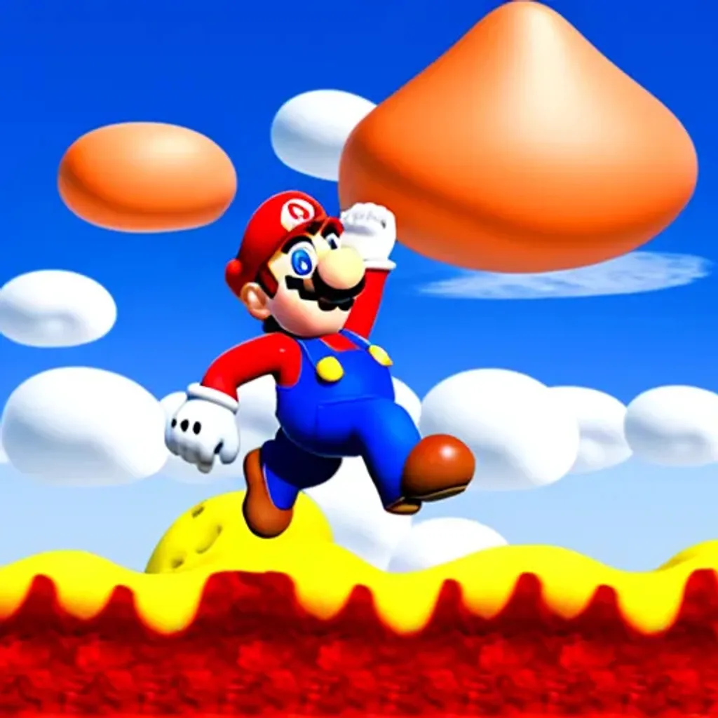 Prompt: super Mario drowning in lava, painful, happy clouds, blue sky, Toad is laughing