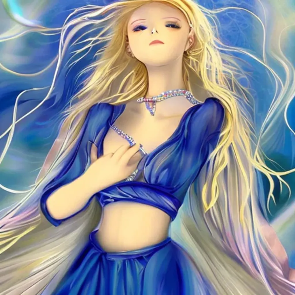 Prompt: Mystical Anime Girl, blond_hair, blue_dress, sun-driver, long beads, gracious goddess, mercy, well composed, dignified, Draw String Pull Ups, Happy Environment. Cordial Coggadoli. Super Model, Blue Beauty. Masterpiece, Lover. Mistress. Relaxed. 