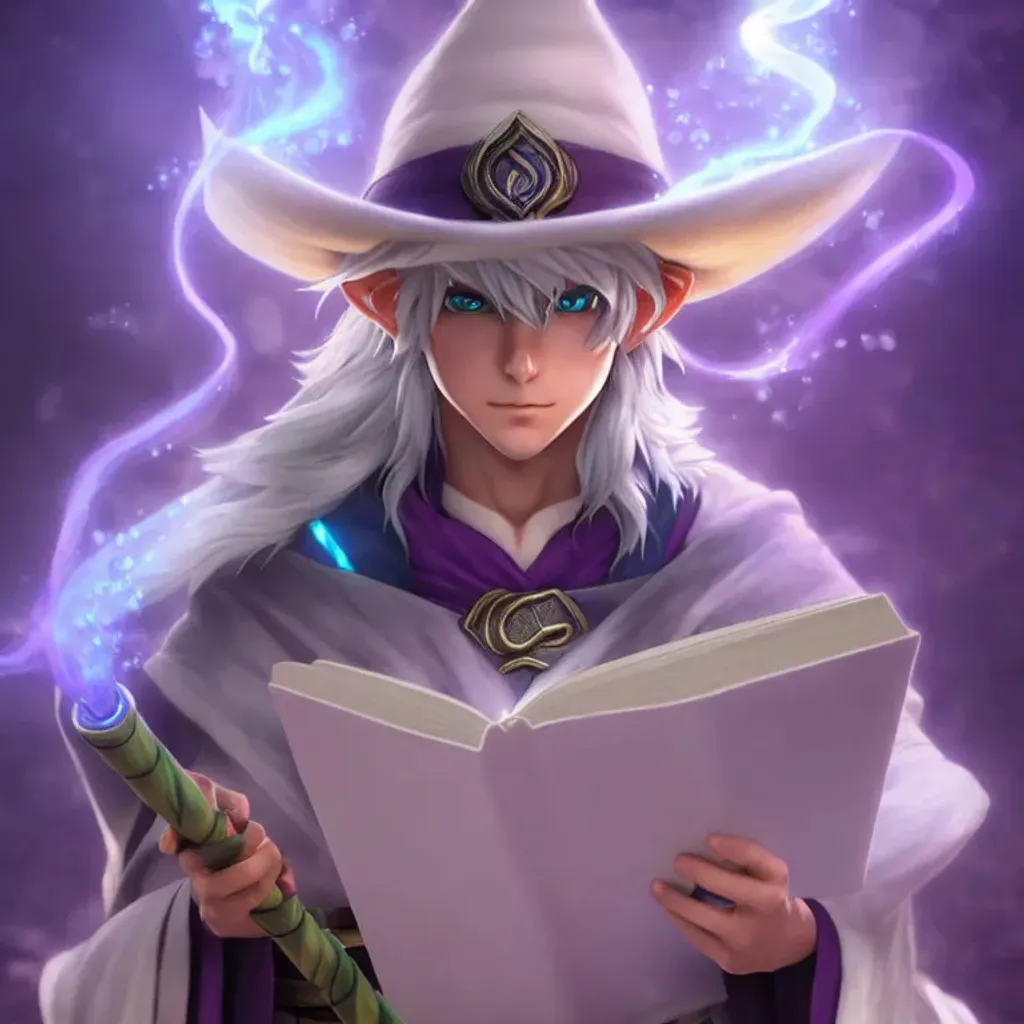 Prompt: character design of young male snow elf with ((pale white skin)) wearing a straw hat, intricate ((long white hair)), ((blue anime eyes)), holding book, portrait, wizard in ((long purple wizard robes with leather pouches)), Dungeons and Dragons, character art, lighthearted, concept art, volumetric lighting, highly detailed, Akihiko Yoshida, trending on artstation, deviantart