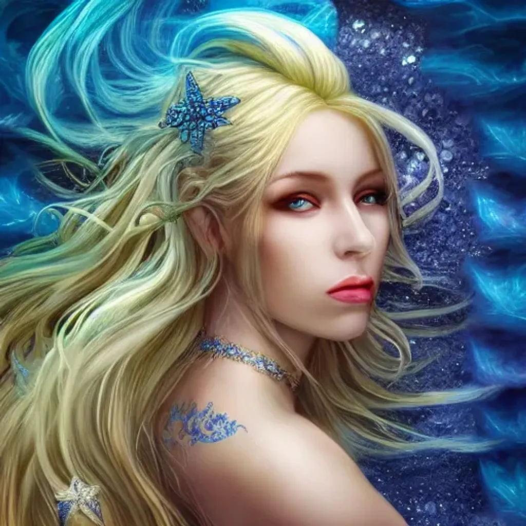 Prompt: highly detailed beautiful female mermaid, beautiful blonde hair, pale skin, blue symmetrical eyes, glowing long tail, luminescent, otherworldly, high fantasy art, iridescent colors, ethereal aesthetic, fashion photography, intricate design, water element, detailed shiny hair, whimsical, atmospheric, dynamic lighting, 