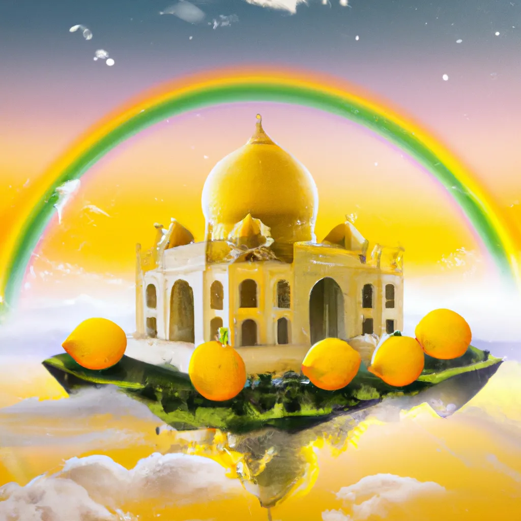 Prompt: Lemon Taj Mahal, sun, clouds, rainbow, lemons, high quality, perfect lighting, realistic digital art, trending