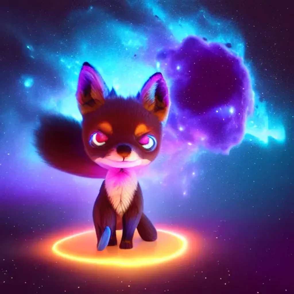 Prompt: tiny cute {black and purple bipedal fox} toy, floating character, floating in the galaxy, nebula formations in the background, soft smooth lighting, soft pastel colors, skottie young, 3d blender render, polycount, modular constructivism, pop surrealism, physically based rendering, square image