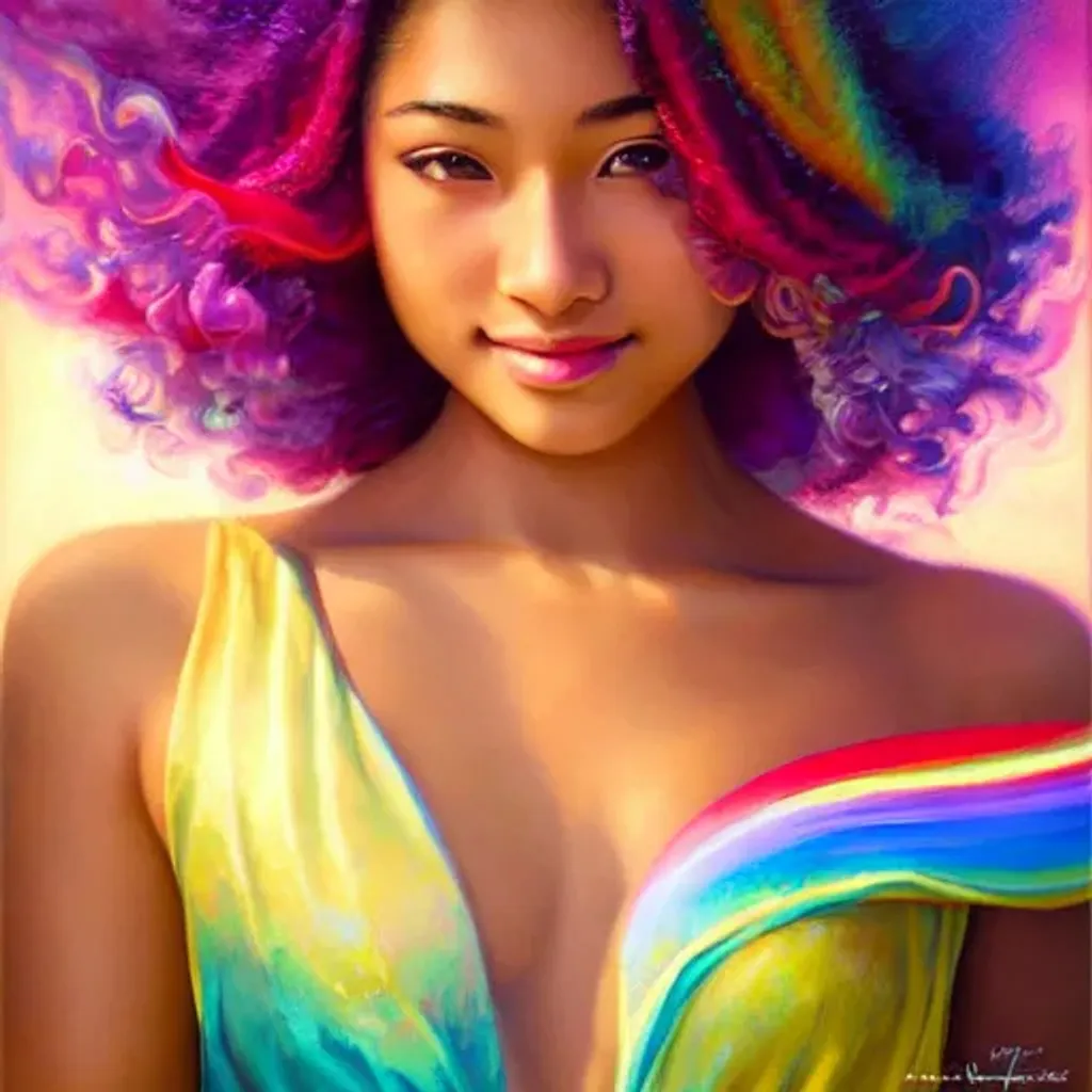 Prompt: mystic, rainbow, liquid smoke, pastel, photograph, highly detailed face, 8k, attractive, elegant, confident, optimistic, teenager, smiling, beautiful, heroine, perfect look, highly detailed terrific clothing, fine skin details, trending on artstation, sharp focus, intricate details, highly detailed, Artgerm, Greg Rutkowski, Tom Blackwell