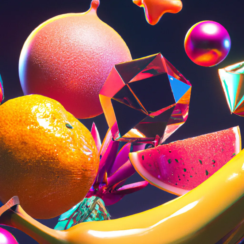 Prompt: floating crystal fruits, dramatic lighting, echoes, octane render, hyper realistic, tilt-shift, isometric, 8k, unreal engine, full color neon, vaporwave background, golden ratio, detailed, intricate