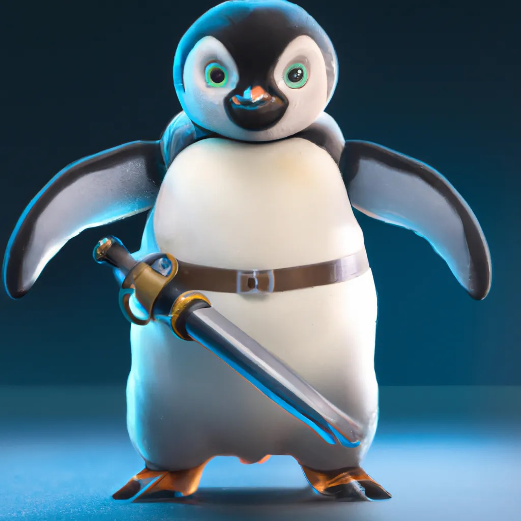 Prompt: penguin with a mantel and a ice Sword character, cartoon style, all body, light in Octane Render, High Resolution, Artstation 1