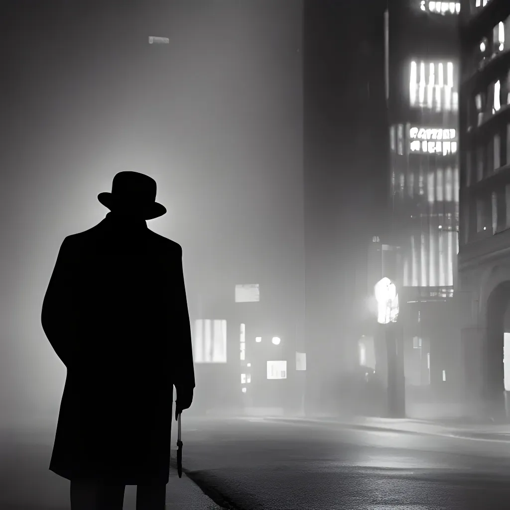 Prompt: A noir still photo of a lonely detective walking through to misty new york streets