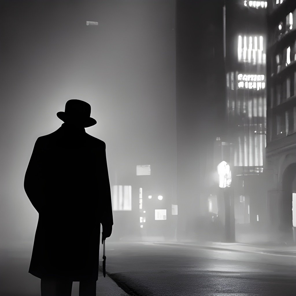 A noir still photo of a lonely detective walking thr...