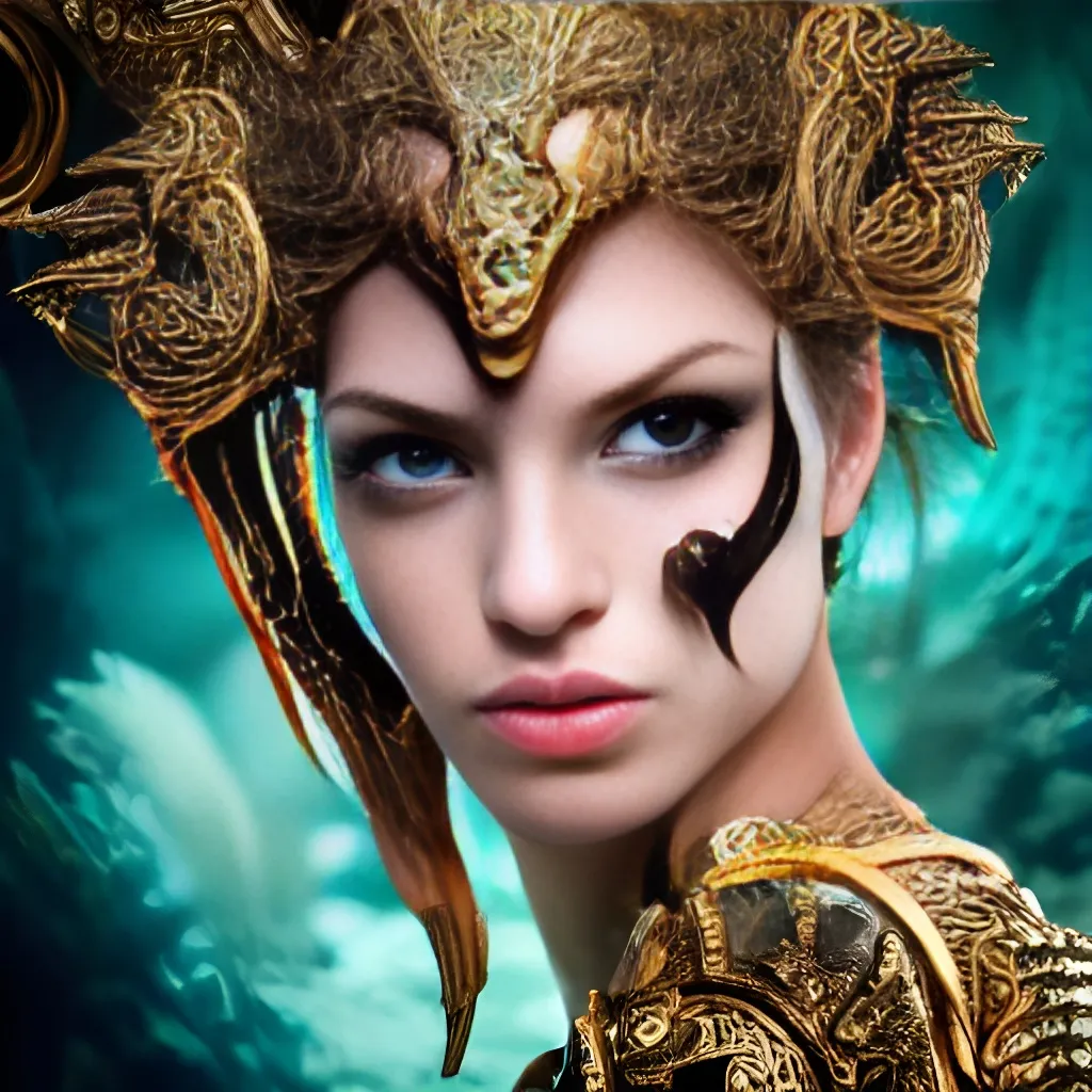 Prompt: photo realistic portrait of a fierce female warrior underwater, elegant ornate feminine armor, muscular, an extremely beautifully detailed face, centered in frame, facing camera, symmetrical face, ideal human, hazel-green eyes, intricate, elegant, highly detailed, Romantic, 85mm lens,f8, photography, ultra details, natural light, light background, photo, Studio lighting, photorealism, pseudo-realistic, digital painting, artstation, concept art, smooth, sharp focus, illustration,  4K IMAX hyperrealistic Salvador Dali Tomas Sanchez, fantasy character portrait, ultra-realistic, concept art, intricate details, highly detailed by Greg Rutkowski, gaston Bussiere, Craig Mullins, Simon Bisley