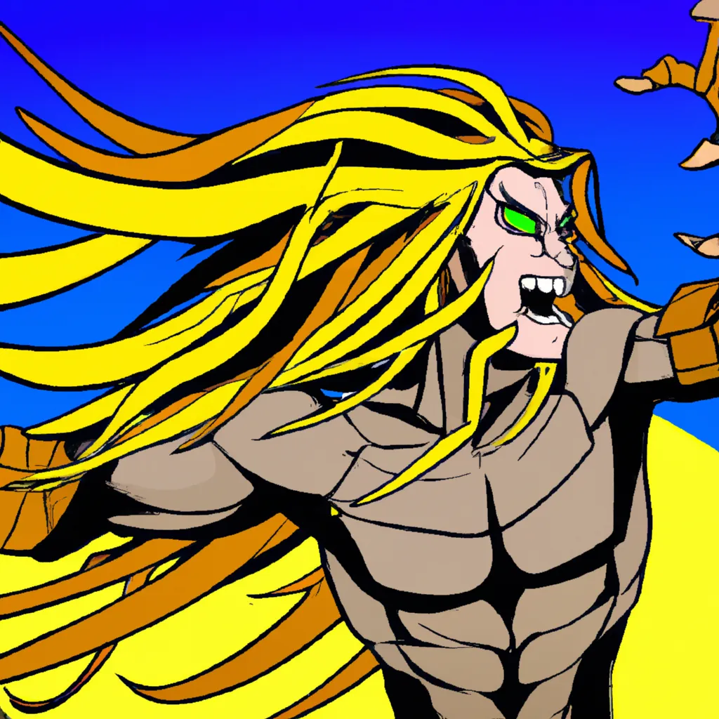 Prompt: Comic book style superhero with long hair that has claws coming out of the hands growling at the sky