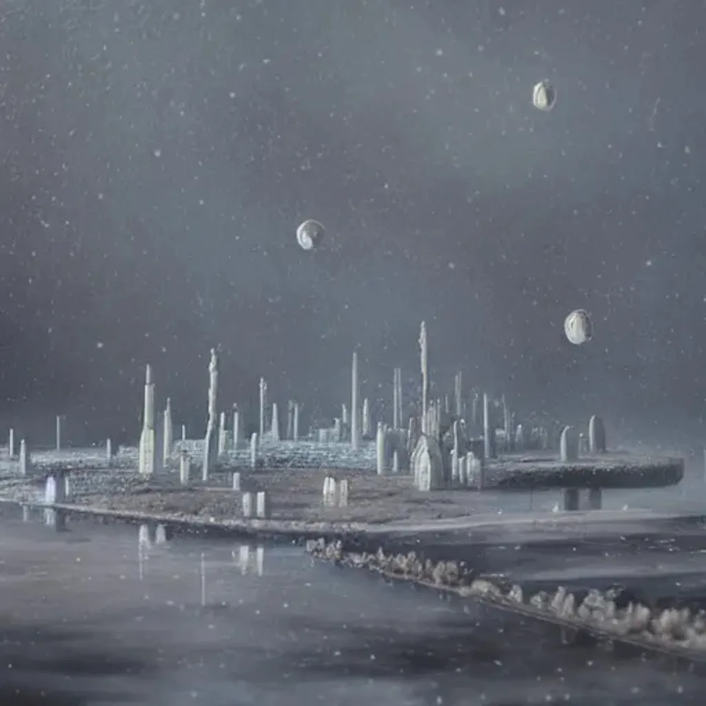 Prompt: a surreal dreamlike scene of transparent spheres containing miniature cities floating over a barren snowy landscape, somber melancholic matte painting, highly detailed oil painting, liminal space, 8k, stillness, solitude, icy cold pale silent atmosphere, masterpiece