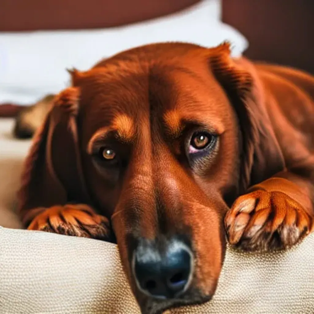 Prompt: a large brown dog laying on top of a bed, a stock photo, inspired by Chica Macnab, featured on unsplash, renaissance, & her expression is solemn, captured with sony a3 camera, panoramic view of girl, sony nicon iphone 1 3 pro max, jean grey, local close up