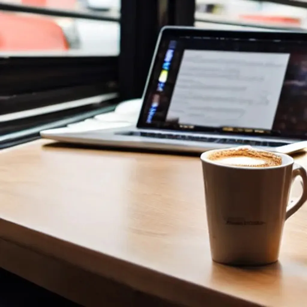 Prompt: macbook at a cafeteria on a desk next to a cup of coffee 
