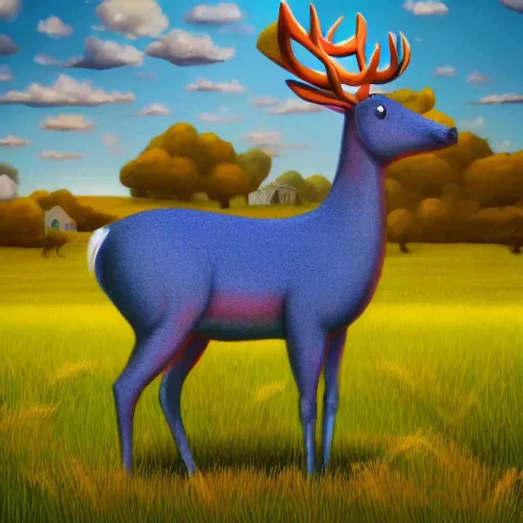 Prompt: giant blue deer in a field in warner bros cartoon style, vintage, retro colors, high red digital 8k