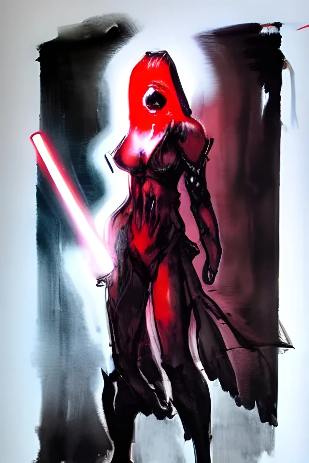 Prompt: female Sith Lord with glowing red eyes, otherworldly dark side visionary, medium shot, Imposing, grimy environment, Yoji Shinkawa style, Ink painting, bold brushstrokes, Concept art, 