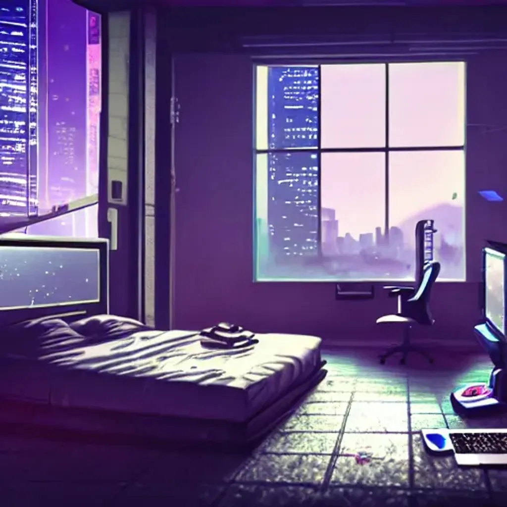 Prompt: cyberpunk room, messy bed, computer in corner, city outside