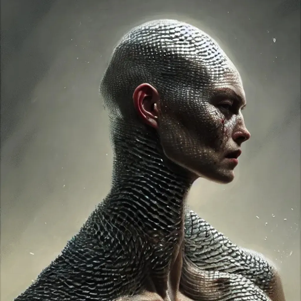 Prompt: A humanoid character with the skin covered in fish scales, by Greg Rutkowski and Caravaggio, hyperealistic, highly detailed, Nikon camera, scale fish texture, trending on artstation