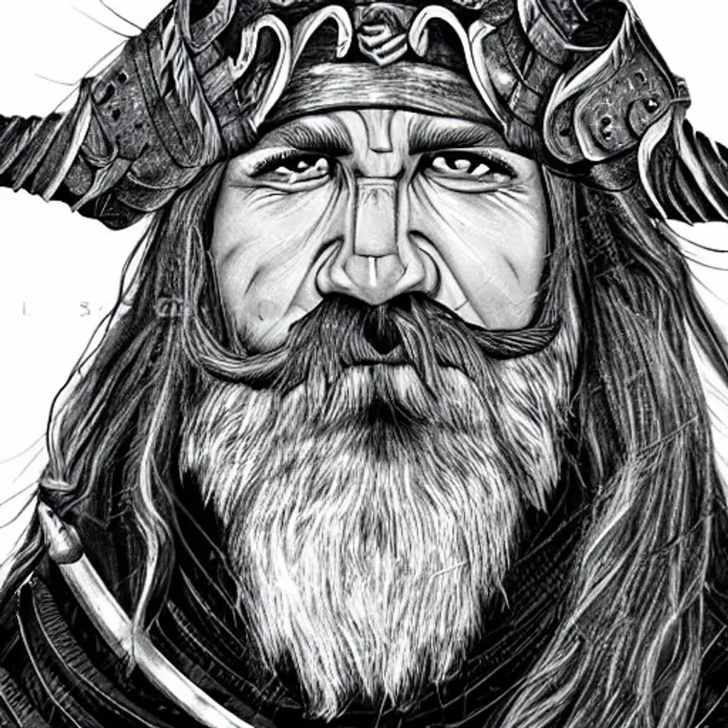 Prompt: Line art dark realistic viking wizard with grey streaked beard stern look