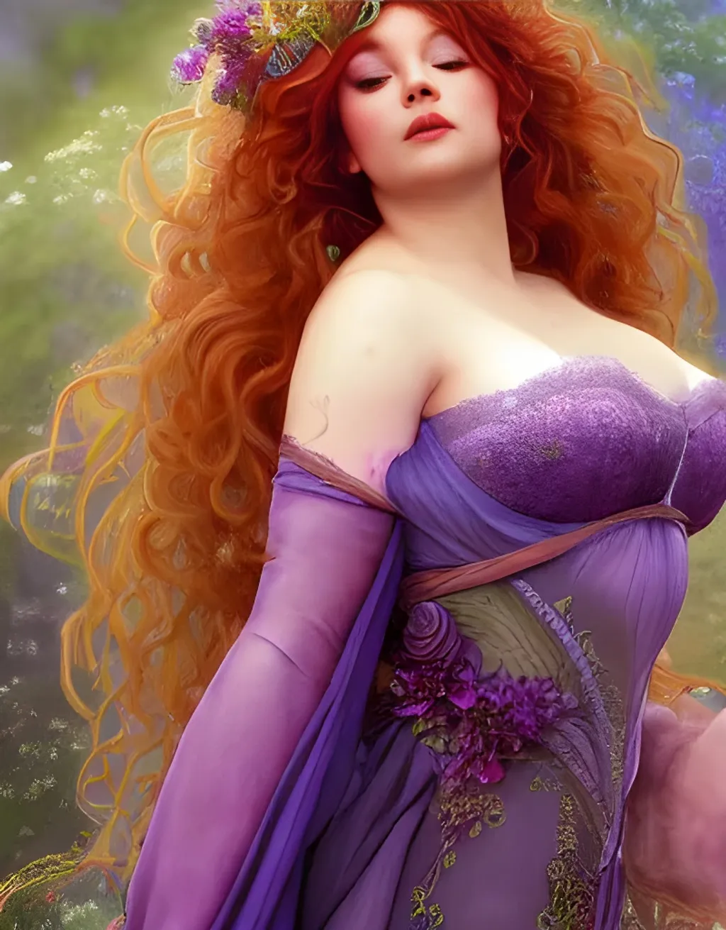 Prompt: An ethereal highly detailed painting of a beautiful fairy wearing purple flowing gown, full figured, perfect complexion, 
curly auburn hair, award-winning,  Cinematic fantasy atmosphere, sunny, cgi, artgerm, Alphonse Mucha 