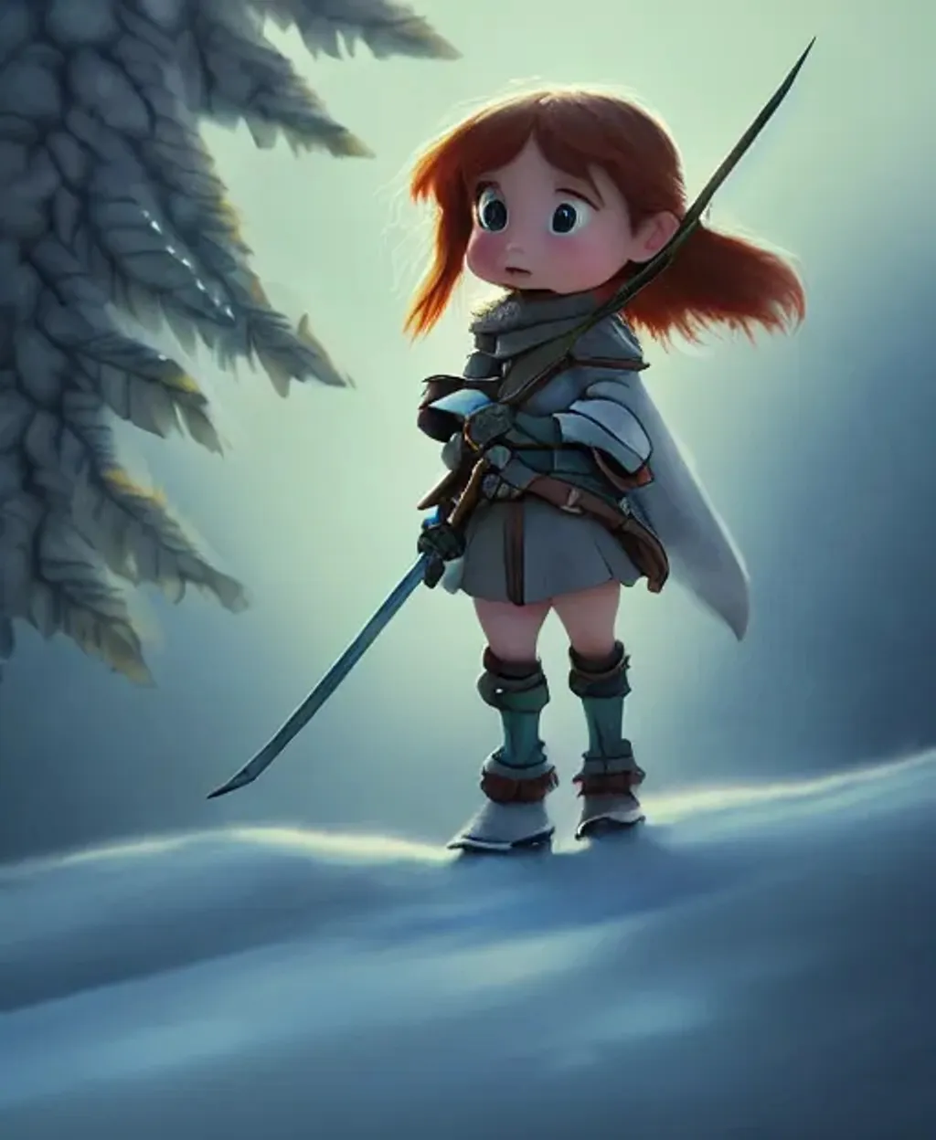 Prompt: anthropomorphic Pixar Style Tiny cute and adorable girl adventurer with armor dressed in fantasy armor against a winter forest, Jean-Baptiste Monge, studio ghibli style, dramatic lighting, bobby chiu,8k, portrait