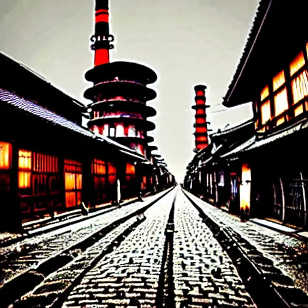 Prompt: Steampunk Japanese city with many factories and smokestacks, steampunk robots in the streets, Imperial Japan setting, cobblestone streets, gritty, broad light, wide angle, over the shoulder point of view, overcast, highly detailed, picturesque, romantic, vivid colors