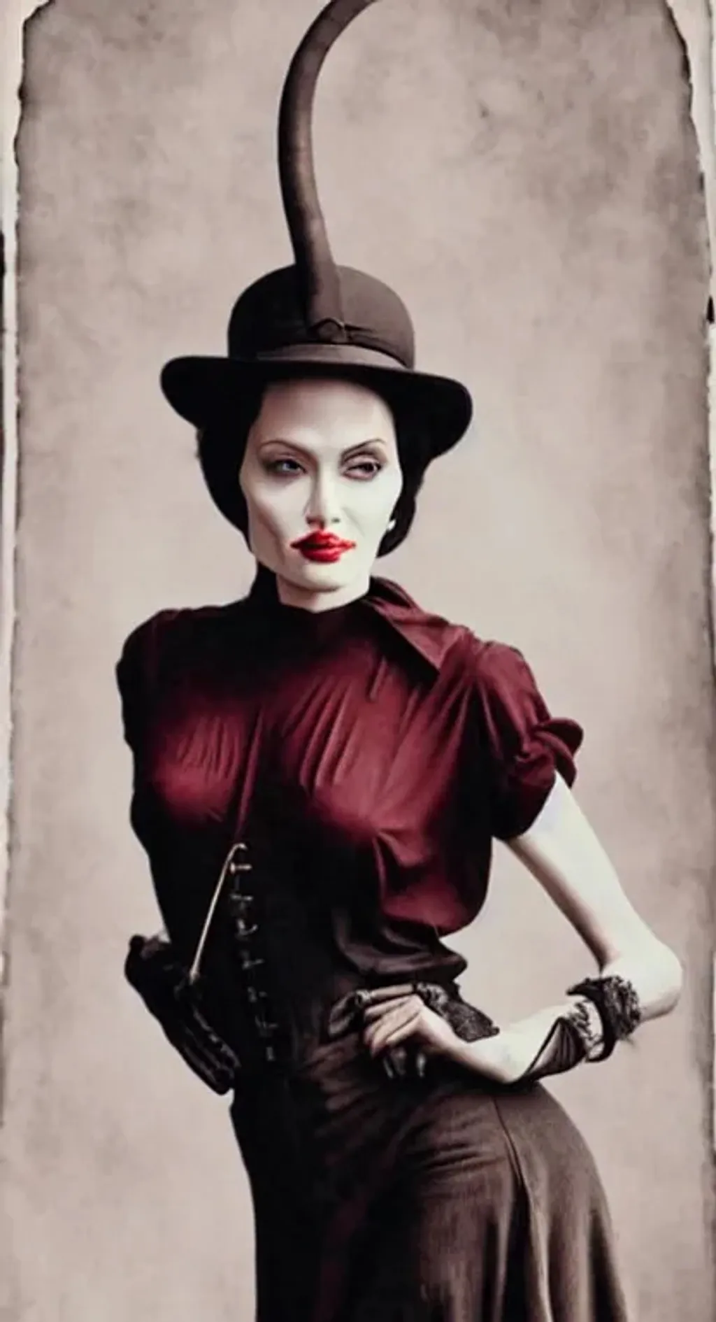 Prompt: full-length sepia retro portrait where Angelina Jolie acting as Charlie Chaplin, dynamic pose that tight extreme detailed clothes, she's girlish charm intricate and attractive, , in style of engraving by Gustave Doré, detailed face in sharp focus, textile mixed styles texture