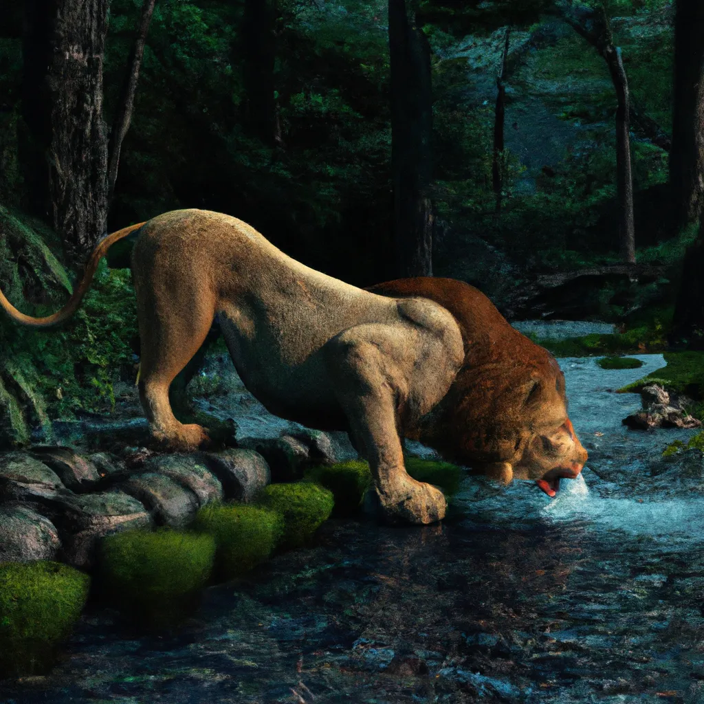 Prompt: a photo realistic render of a lion drinking from a river in a rain forest