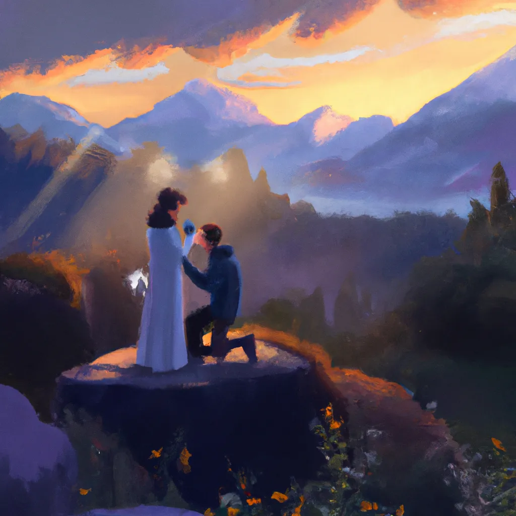 Prompt: a beautiful painting of a proposal in the mountains
groom on one knee, beautiful scenery
concept art, trending on artstation, 8k