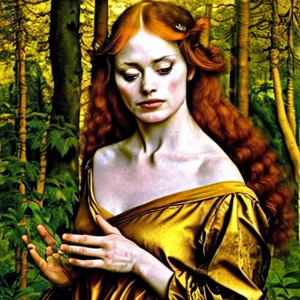 Prompt: Beautiful young woman with hands folded wearing a golden dress in a bright forest with the sun shining from above oil painting hyper realistic by Albrecht Dürer 
