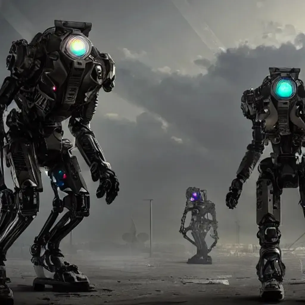 Prompt: cybernetic special forces squad patrolling the apocalypse with boston dynamics dogs, filigree armour, leds, sharp armor, sharp paws, open metal maw, feral body, angular metal, glass visor, black mirror, dystopian, artstation, unreal engine 5, high detail, beautiful lighting, rim light, cinematic shot, digital art, warframe