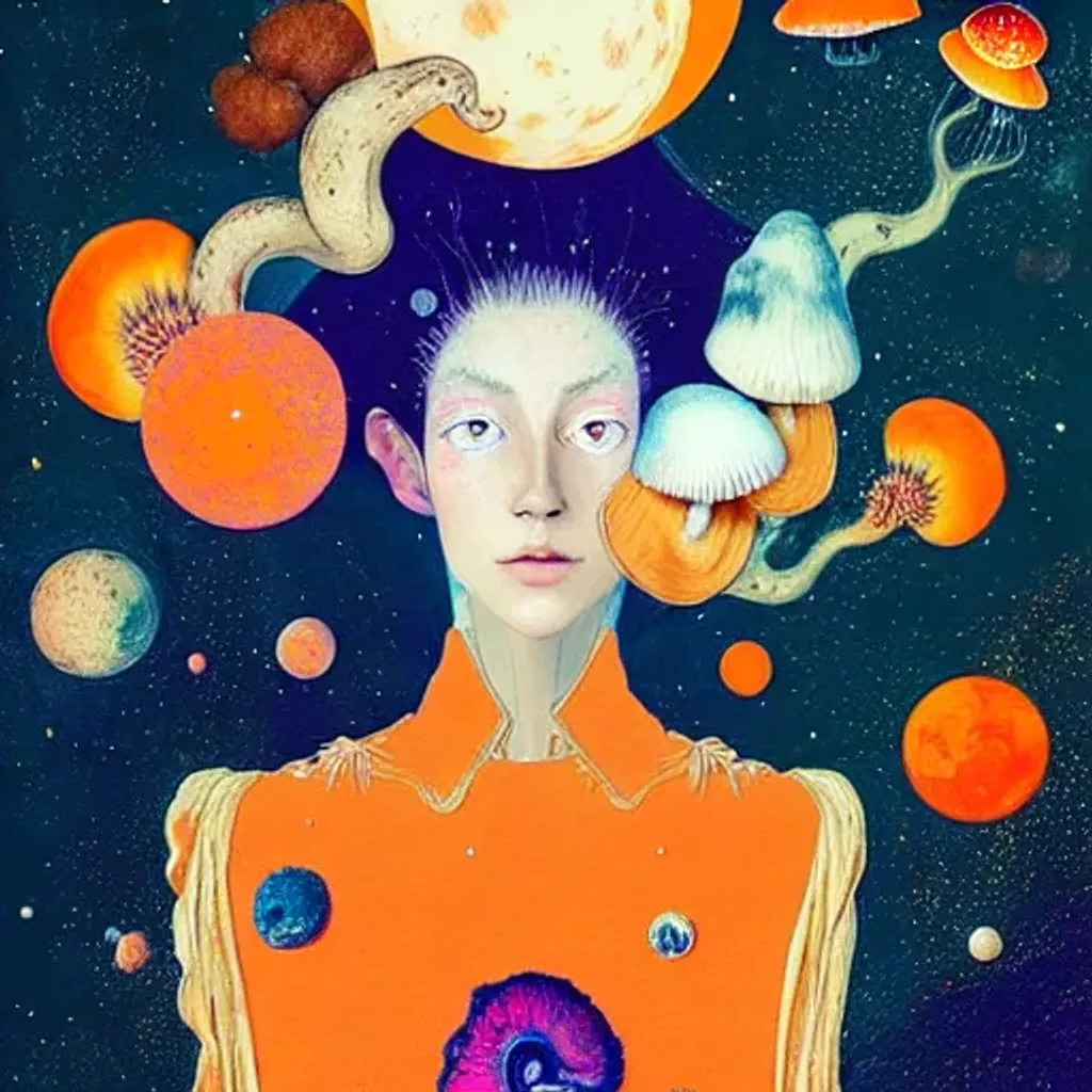 Prompt: Orange Rococo felt portrait by Ryan Hewett, Beautiful woman with mushrooms growing out of her hair, hq, fungi, celestial, moon, galaxy, stars, victo ngai 