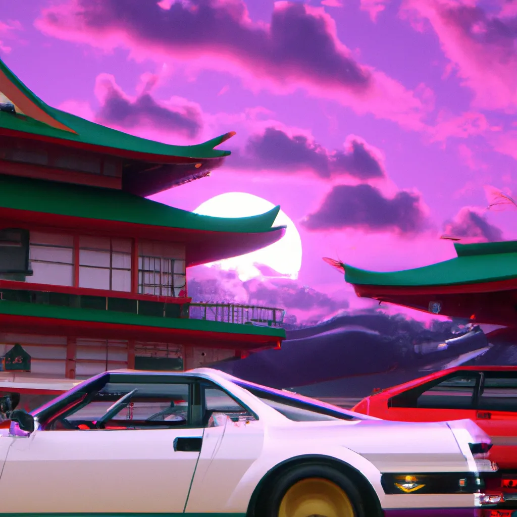 Prompt: a beautiful view of imperial japan, japanese building, spiral galaxy, vaporwave, gorgeous vintage sports car, hiroshi nagai clouds, giant crescent moon in the background, intricate, insane level of detail, cinematic, composition, nostalgia and abstract, artstation HQ, 16k