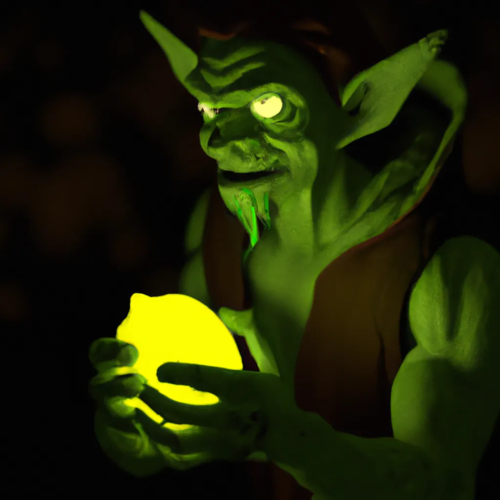 Prompt: A Powerful green Goblin discovering the Magic Of Lemons, epic, 8k