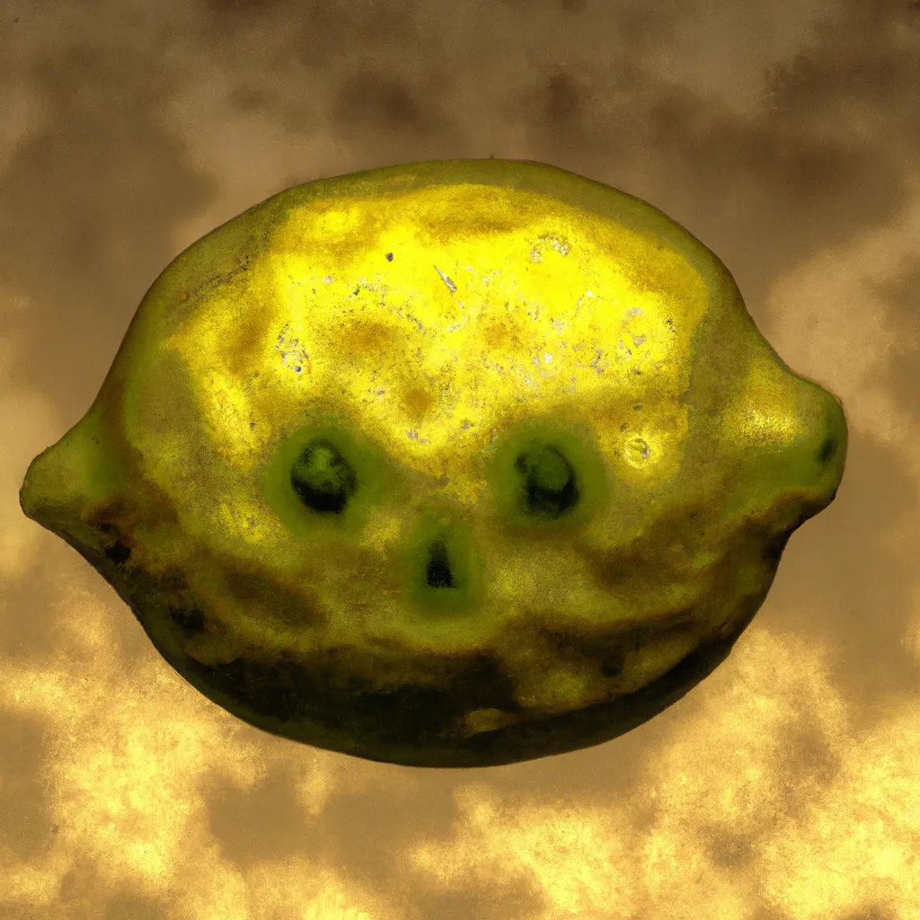 Prompt: An Artist's depiction of a textured 3D lemon with very strange, eerie details that invoke a sense of dread and sorrow